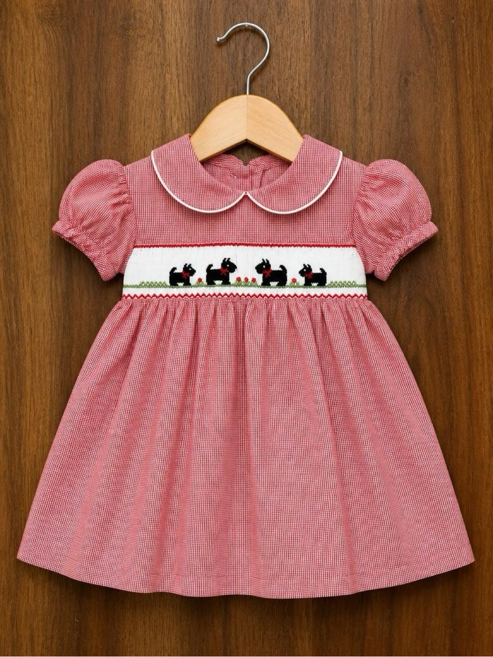 Anavini Baby Girls 6M Smocked Scottie Dog Dress Red Gingham Peter Pan Collar